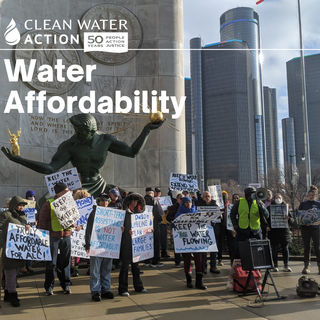 Water affordability protestors in Detroit holding signs in front of Spirit of Detroit statue. Text: Water Affordability