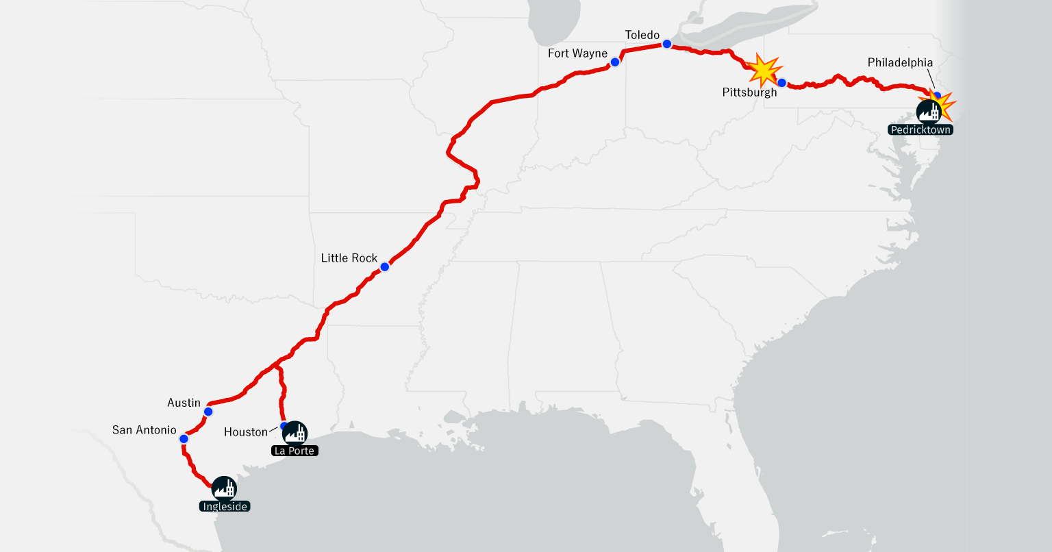 Image of a map of the United States showing: Toxic Free Future's new report uncovers quantities and maps the route of vinyl chloride rail shipments by America’s largest producer, OxyVinyls — known for its role in the 2023 Ohio train derailment.