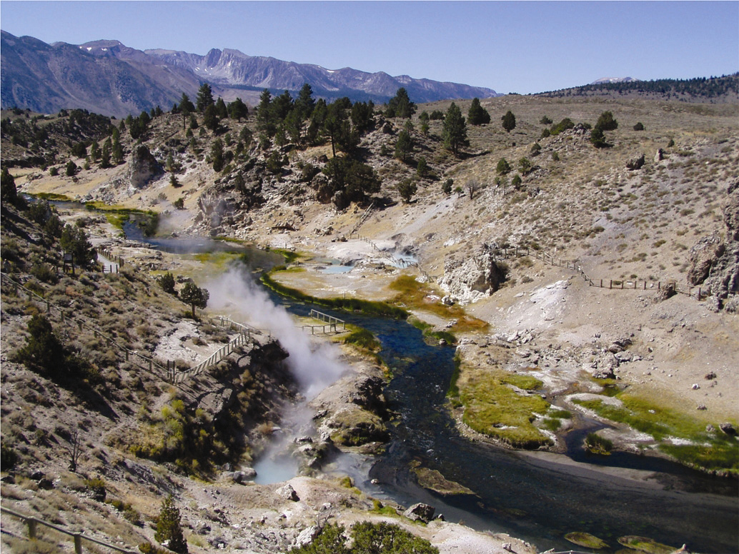 Hot Creek flows through the Long Valley Caldera in a volcanically active region of east-central California.