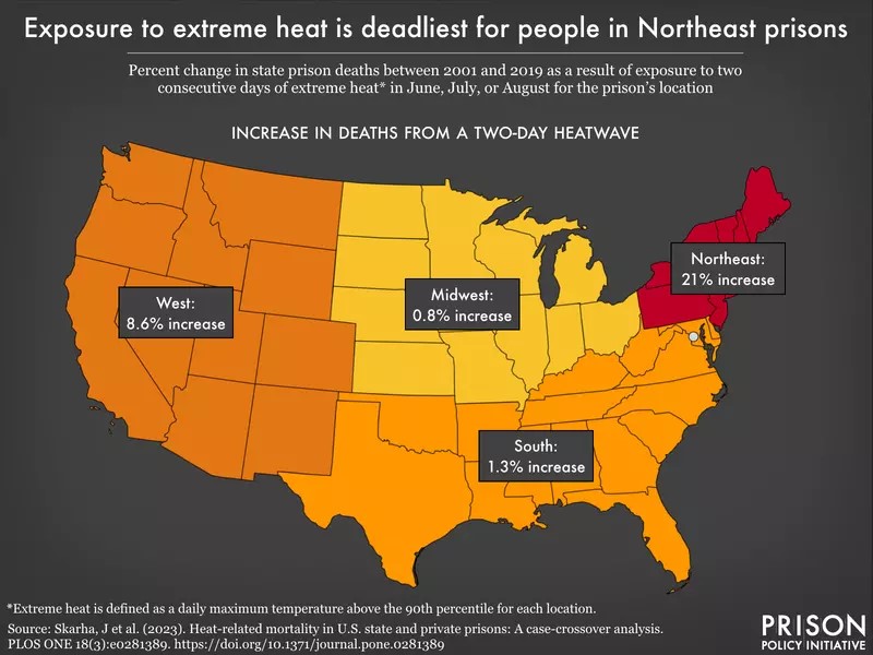 Data Source: Skarha, J. et al (2023), Heat-related mortality in U.S. state and private prisons: A case-crossover analysis. PLOS ONE 18(3):e0281390. (Map: Leah Wang, 2023) This map originally appeared in Heat, floods, pests, disease, and death: What climate change means for people in prison.