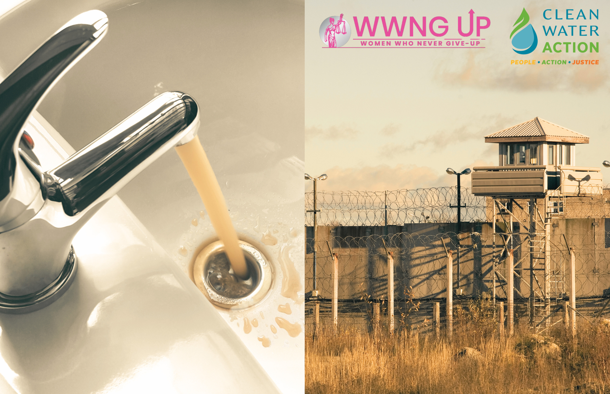 Image of a prison and dirty water coming out of a faucet.