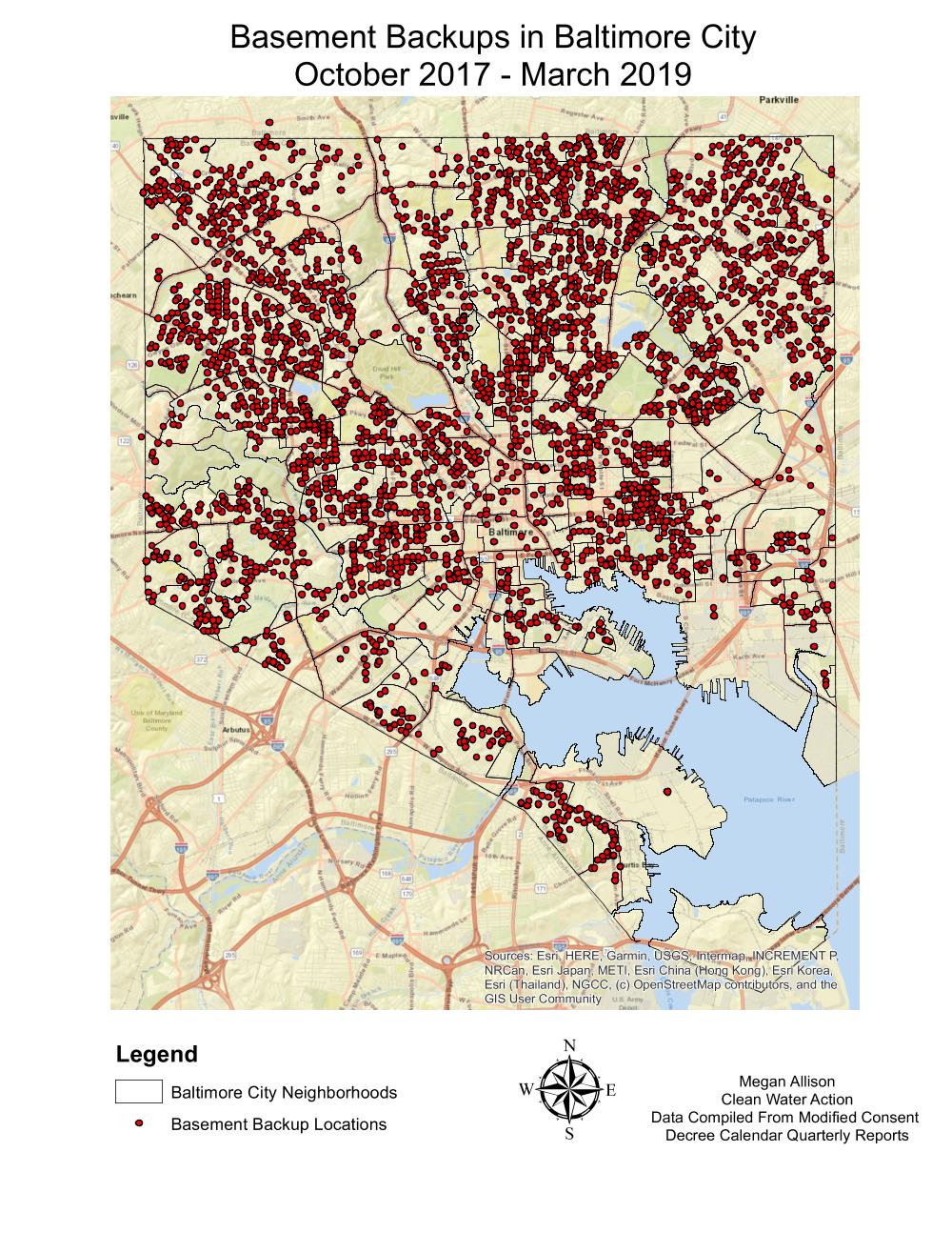 Locations of building sewer backups in Baltimore City reported to 311, October 2017 through March 2019. Locations of building sewer backups in Baltimore City reported to 311, October 2017 through March 2019.
