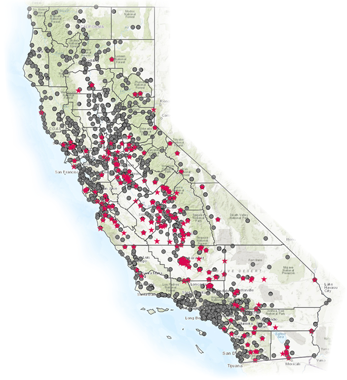 Right now, unsafe water can be found in nearly every county in the state. Public water systems out of compliance with health standards (as of April 2018) are denoted by a star. Source: Human Right to Water Portal, SWRCB