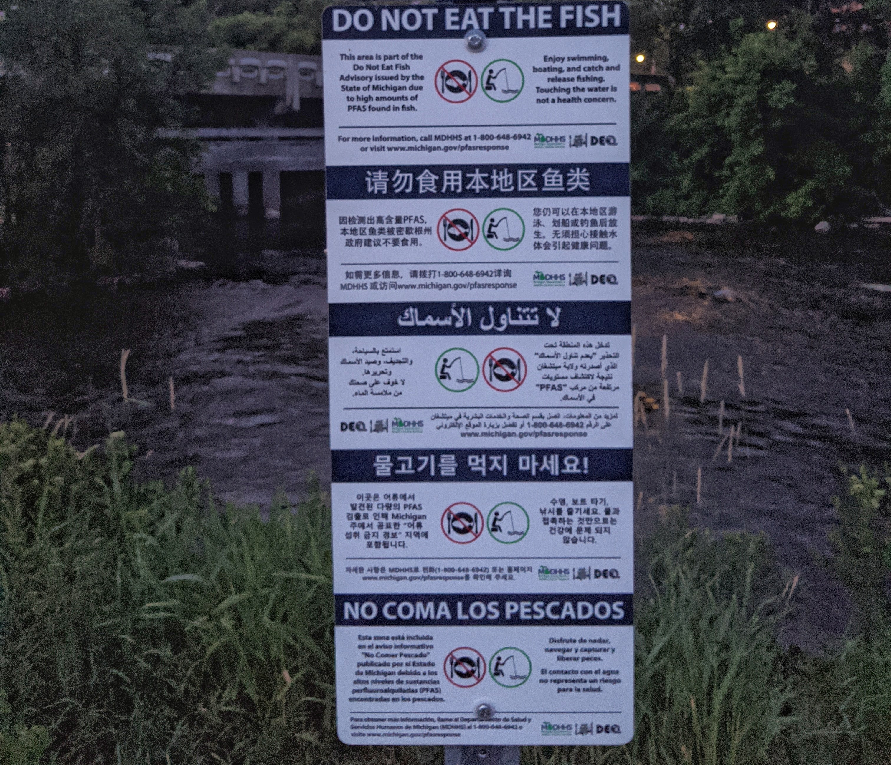 PFAS Fish Consumption Warnings Warnings "Do Not Eat The Fish" due to PFAS in multiple languages