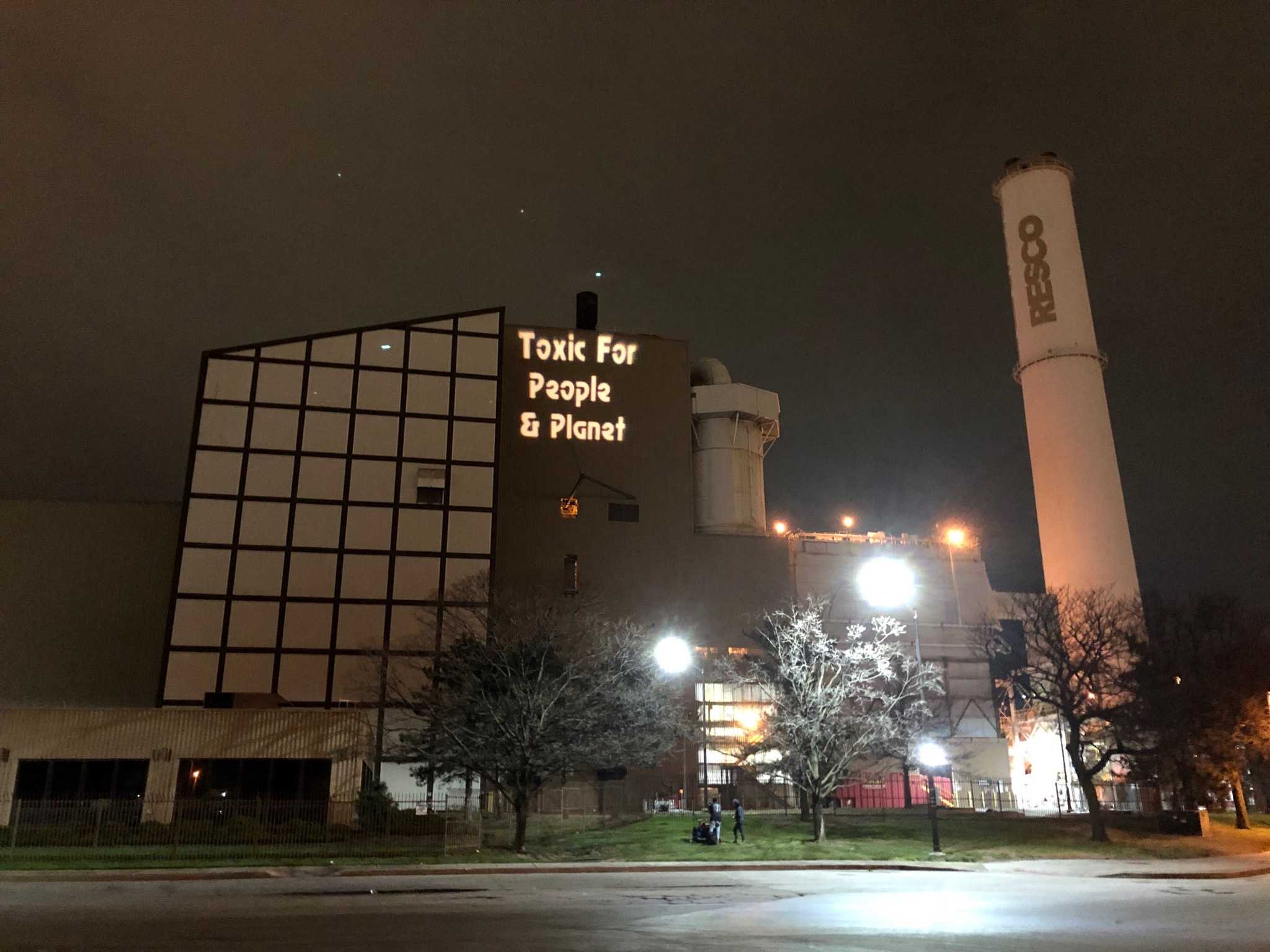 The Backbone Campaign illuminated BRESCO in Baltimore City. Toxic for People & Planet projected on BRESCO by the Backbone Campaign