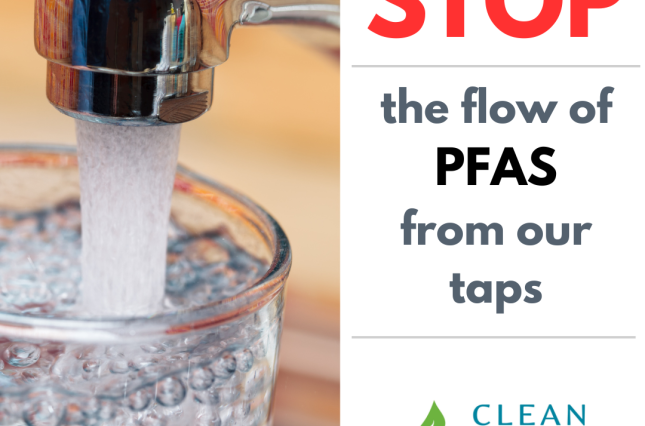 Image of a sink faucet next to text: STOP the flow of PFAS from our taps