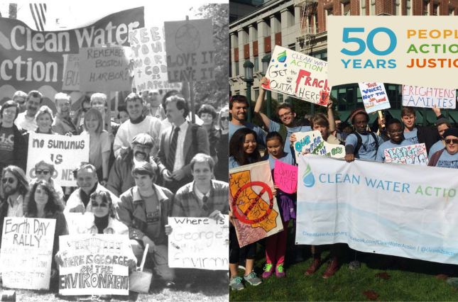 Clean Water Through the Years Image: A Clean Water Action Rally in the 80s side by side with a Rally in the 2010s