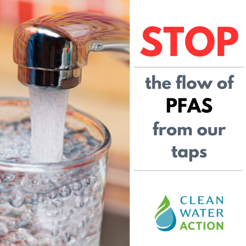 Image of a sink faucet next to text: STOP the flow of PFAS from our taps