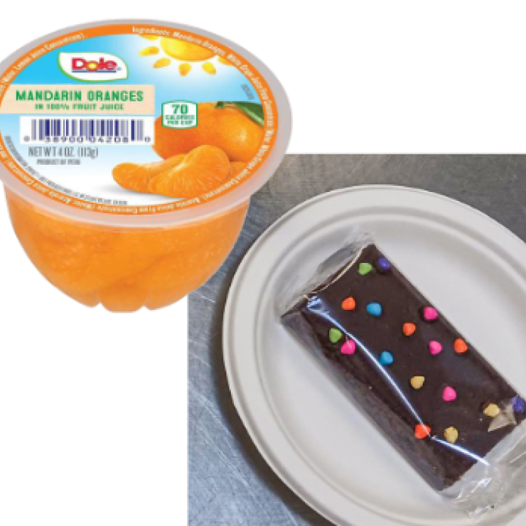 Packaged dessert and plastic cup fruit