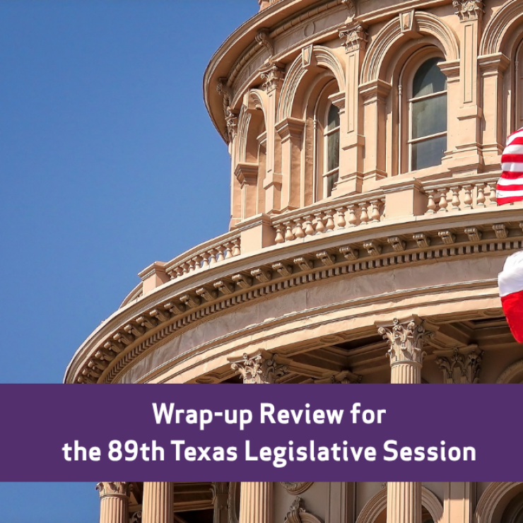 The Texas State Capitol building with American and Texan flags, with text overlaid: Wrap-up Review for the 89th Texas Legislative Session