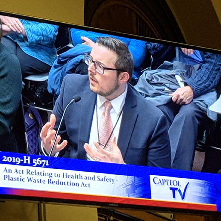 Rhode Island Clean Water Action Director Johnathan Berard testifying at the State Capitol regarding H 5701, which would ban single-use plastic checkout bags in Rhode Island. Rhode Island Clean Water Action Director Johnathan Berard testifying at the State Capitol regarding H 5701, which would ban single-use plastic checkout bags in Rhode Island.